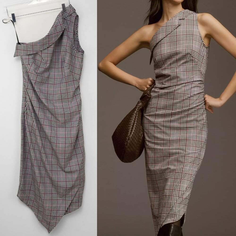 Anthropologie Maeve One-Shoulder Dress Asymmetrical Slim Midi Plaid Black Size 8